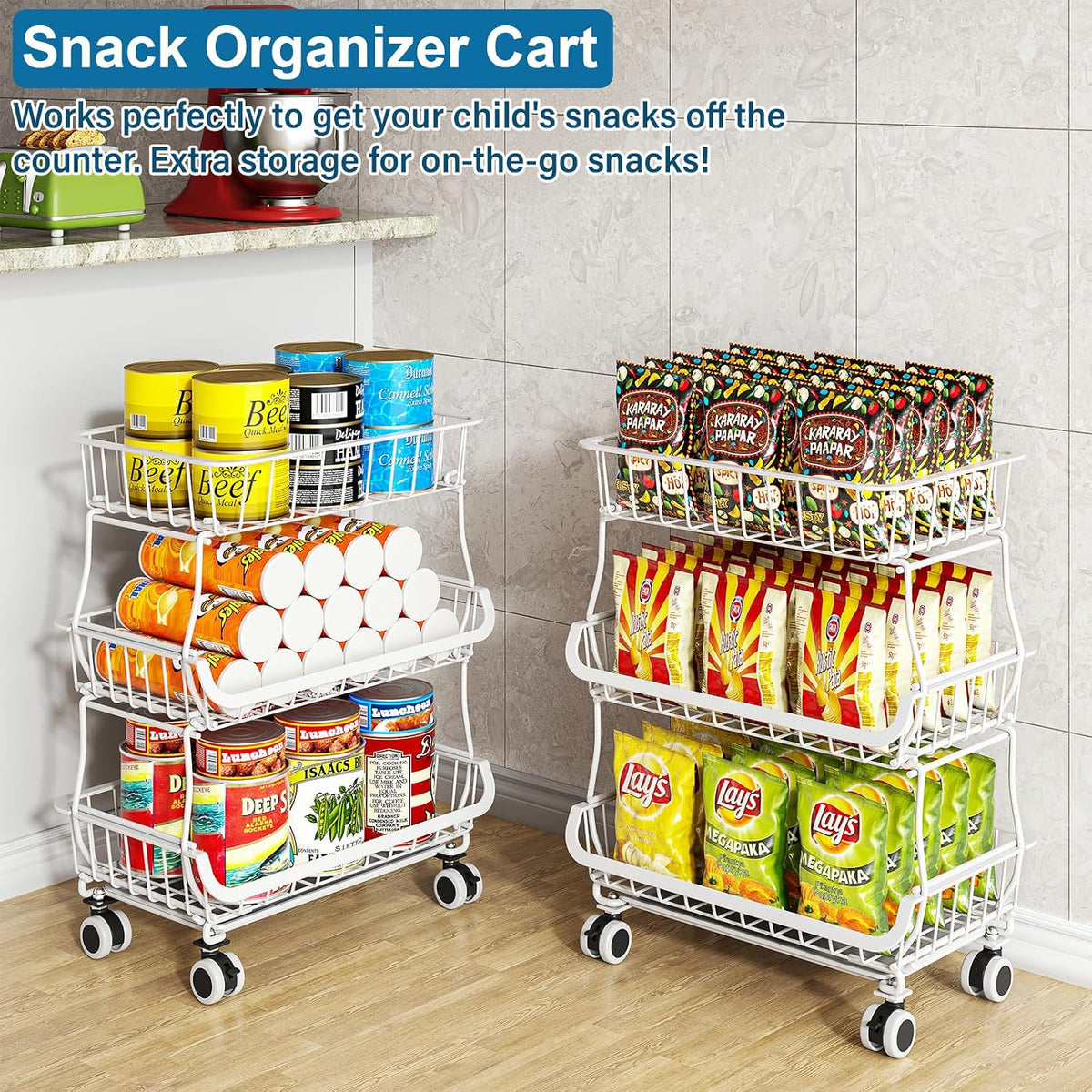 3-Tier Rolling Pantry Floor Organizers and Storage Cart with Wheels