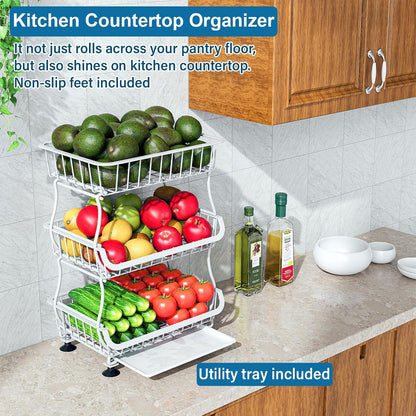 3-Tier Rolling Pantry Floor Organizers and Storage Cart with Wheels