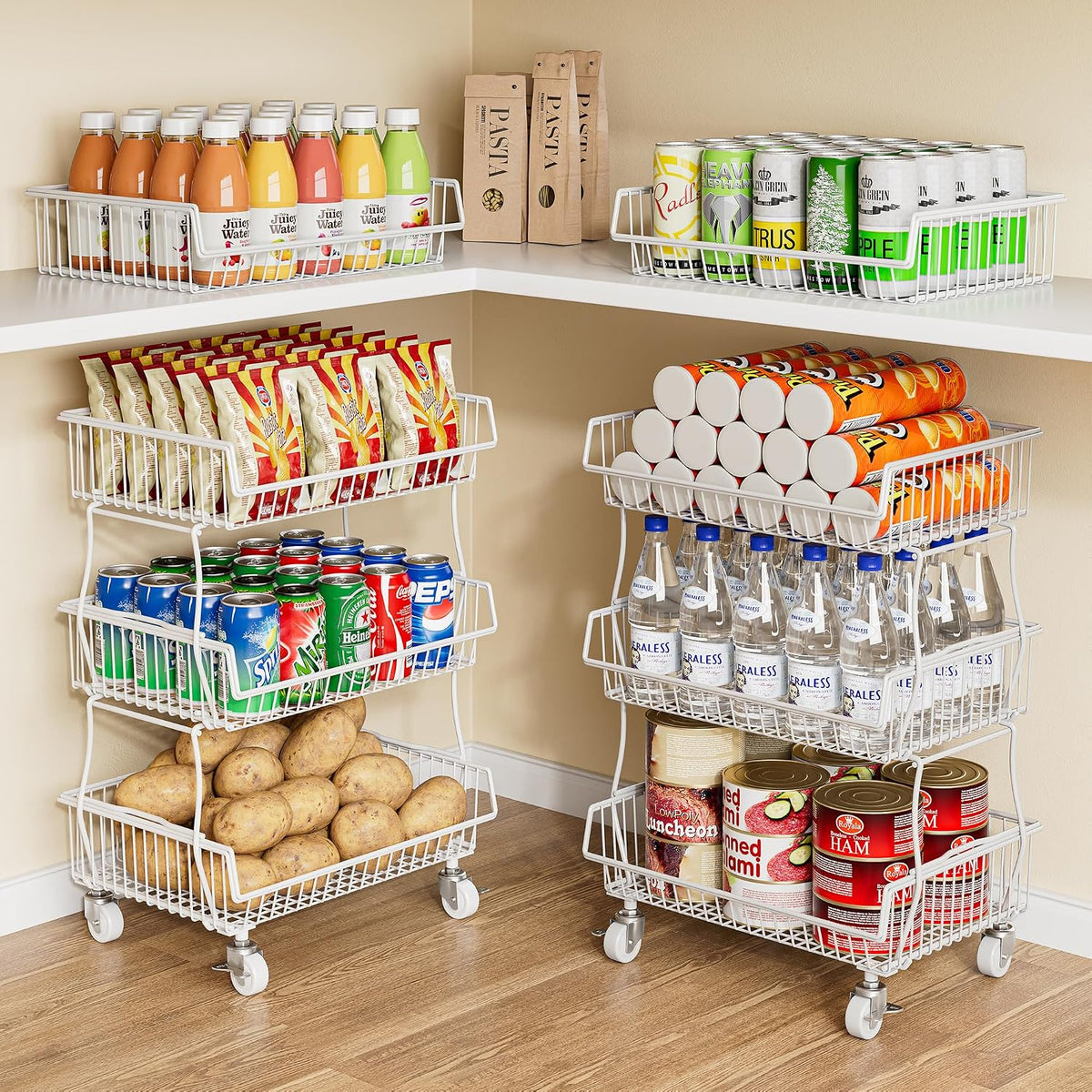 3-Tier Rolling Pantry Floor Organizers and Storage Cart with Wheels