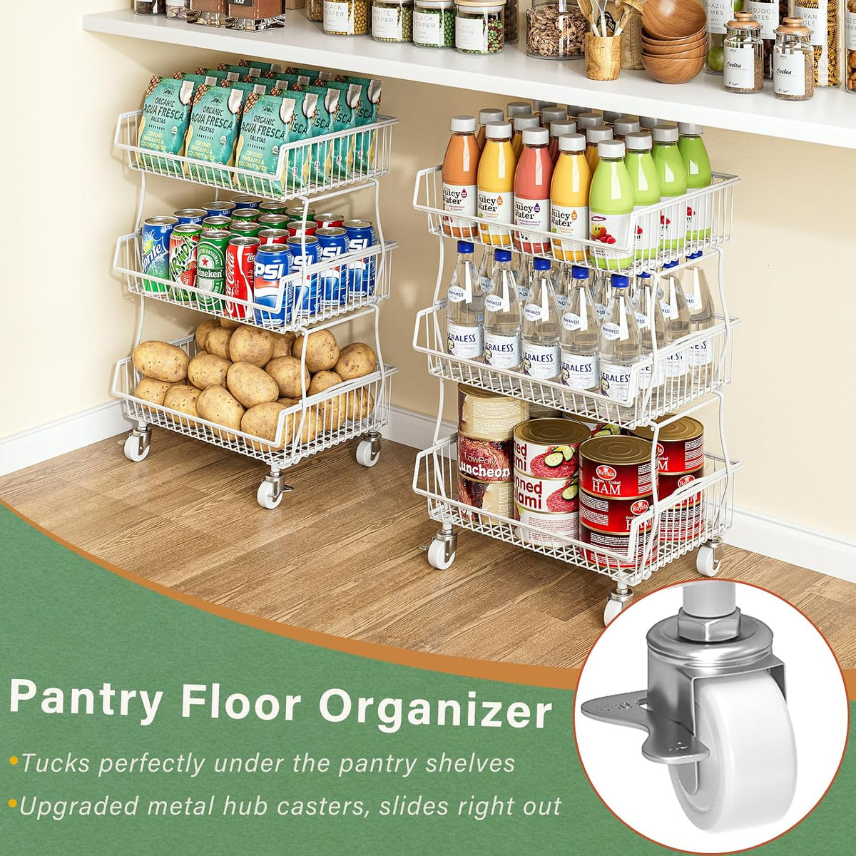 3-Tier Rolling Pantry Floor Organizers and Storage Cart with Wheels