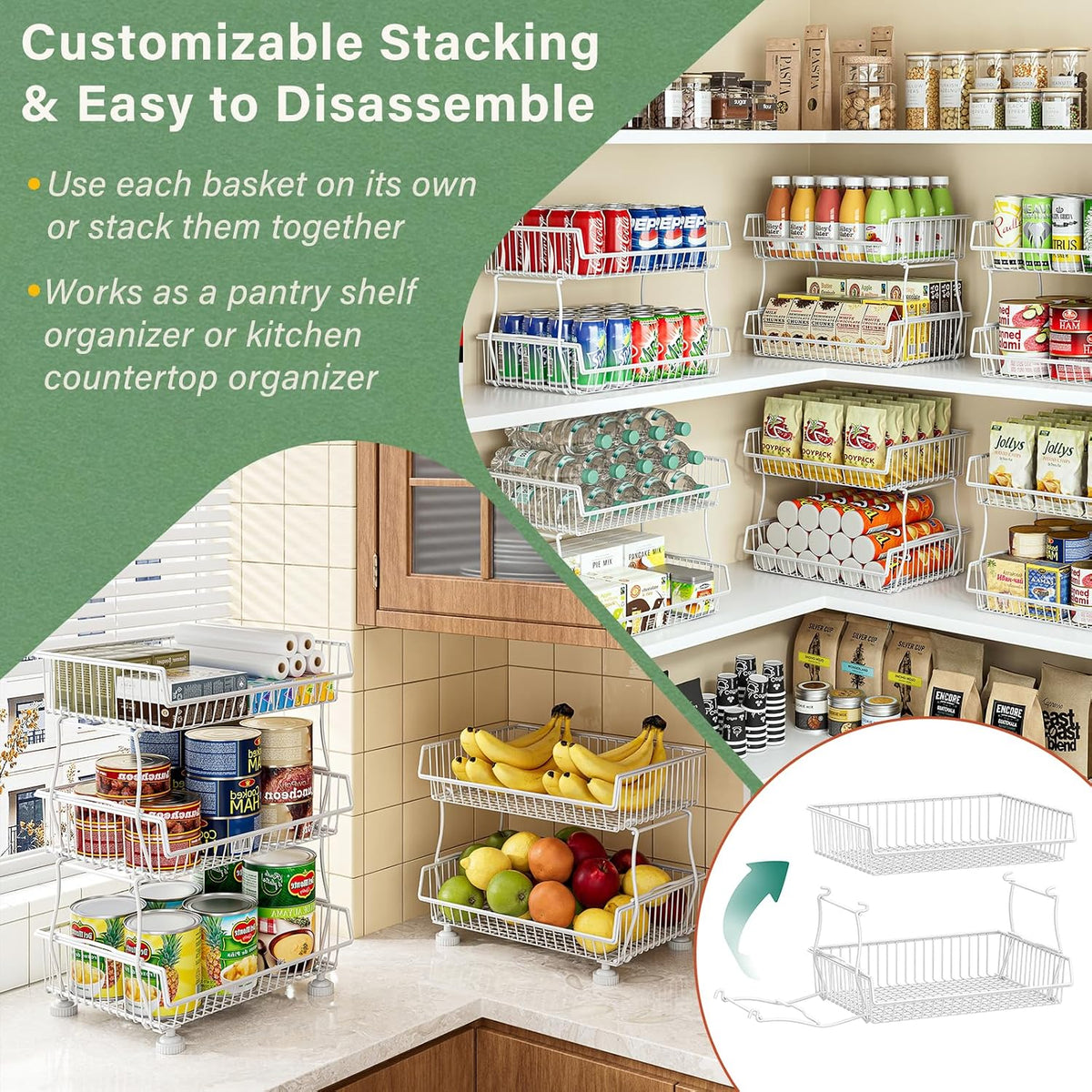 3-Tier Rolling Pantry Floor Organizers and Storage Cart with Wheels
