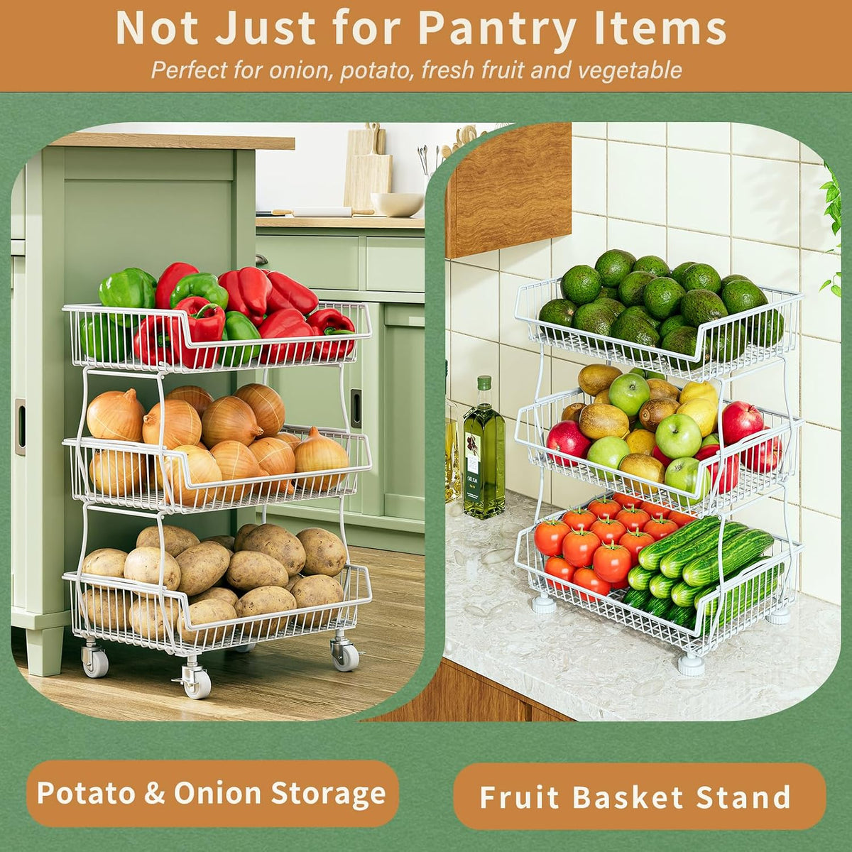 3-Tier Rolling Pantry Floor Organizers and Storage Cart with Wheels