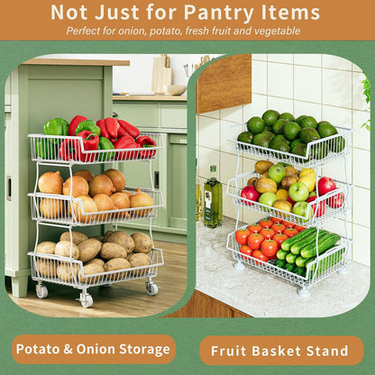 3-Tier Rolling Pantry Floor Organizers and Storage Cart with Wheels