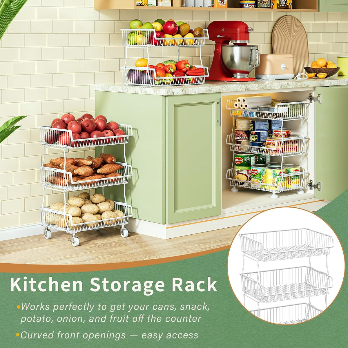 3-Tier Rolling Pantry Floor Organizers and Storage Cart with Wheels