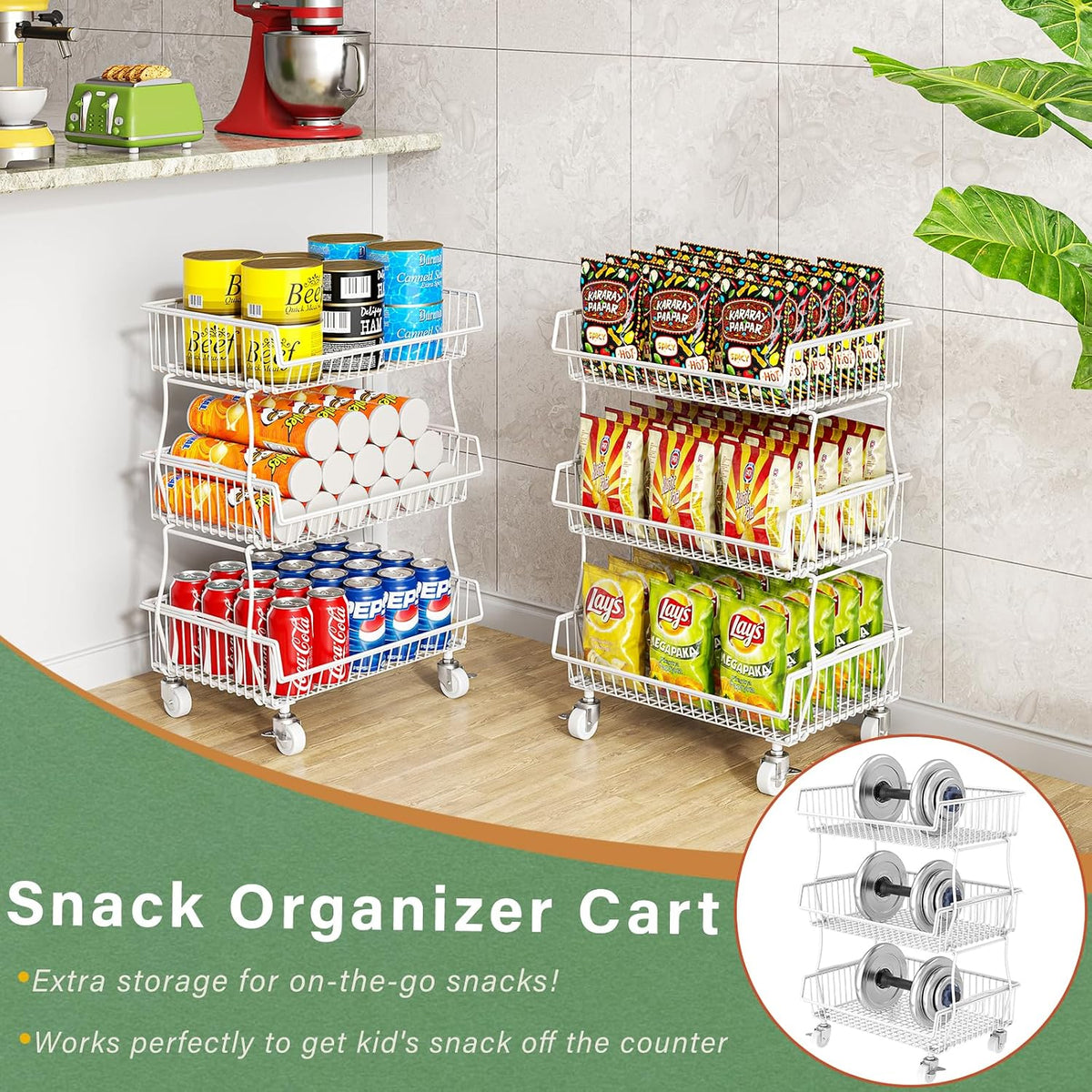 3-Tier Rolling Pantry Floor Organizers and Storage Cart with Wheels