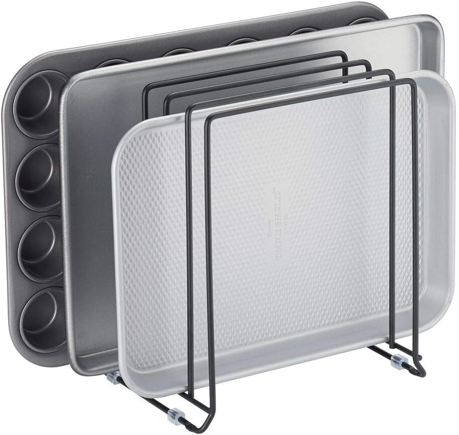 X-Large Steel Storage Tray Organizer Rack for Kitchen Cabinet - Divided Holder with 5 Slots for Skillets, Frying Pan, Pot Lids, Cutting Board, Baking Sheets - Concerto Collection - White