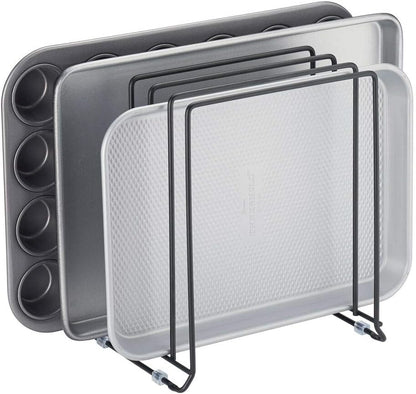 X-Large Steel Storage Tray Organizer Rack for Kitchen Cabinet - Divided Holder with 5 Slots for Skillets, Frying Pan, Pot Lids, Cutting Board, Baking Sheets - Concerto Collection - White