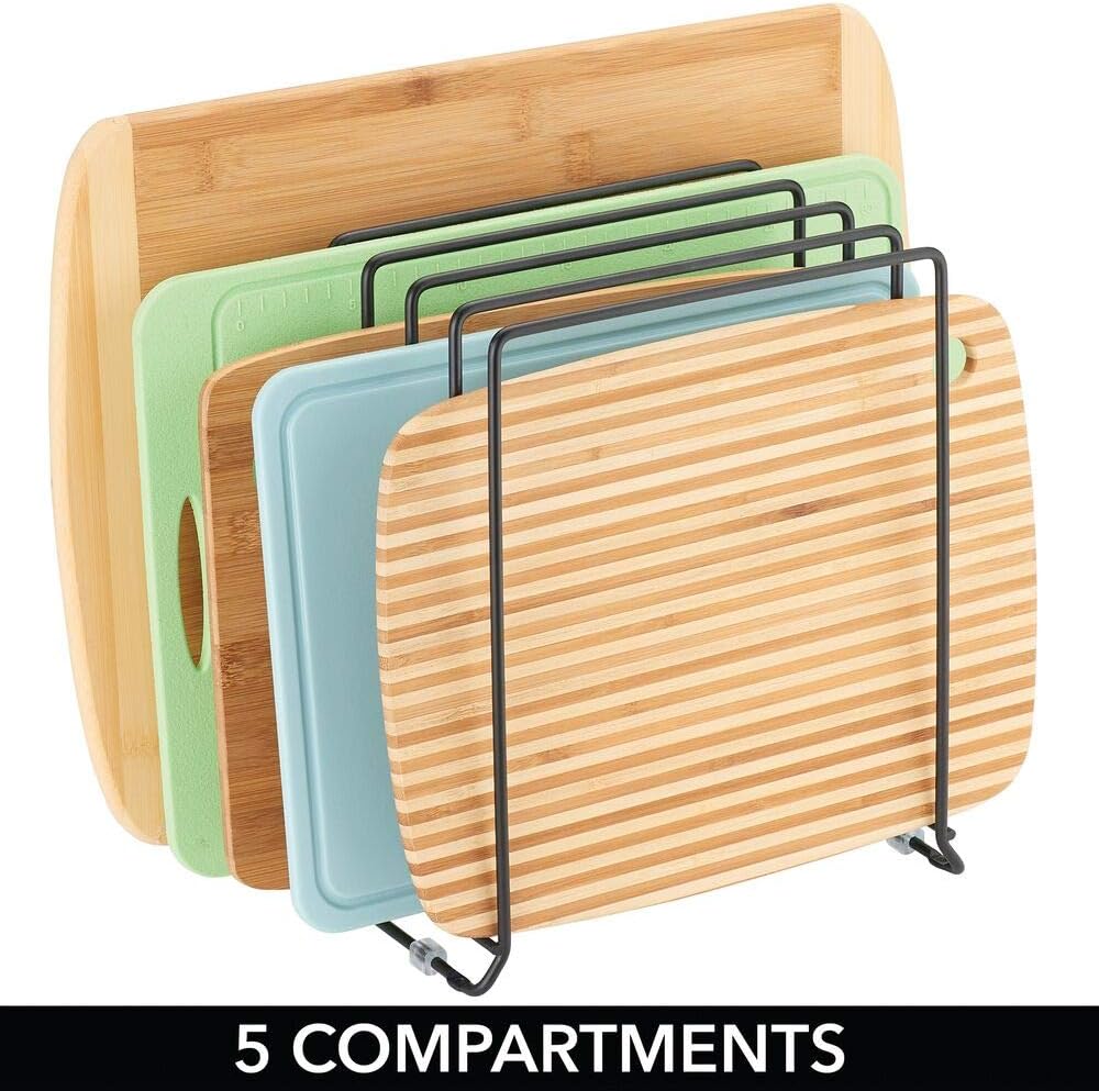 X-Large Steel Storage Tray Organizer Rack for Kitchen Cabinet - Divided Holder with 5 Slots for Skillets, Frying Pan, Pot Lids, Cutting Board, Baking Sheets - Concerto Collection - White