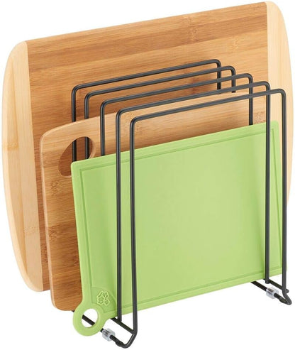 X-Large Steel Storage Tray Organizer Rack for Kitchen Cabinet - Divided Holder with 5 Slots for Skillets, Frying Pan, Pot Lids, Cutting Board, Baking Sheets - Concerto Collection - White