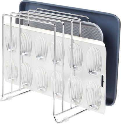 X-Large Steel Storage Tray Organizer Rack for Kitchen Cabinet - Divided Holder with 5 Slots for Skillets, Frying Pan, Pot Lids, Cutting Board, Baking Sheets - Concerto Collection - White