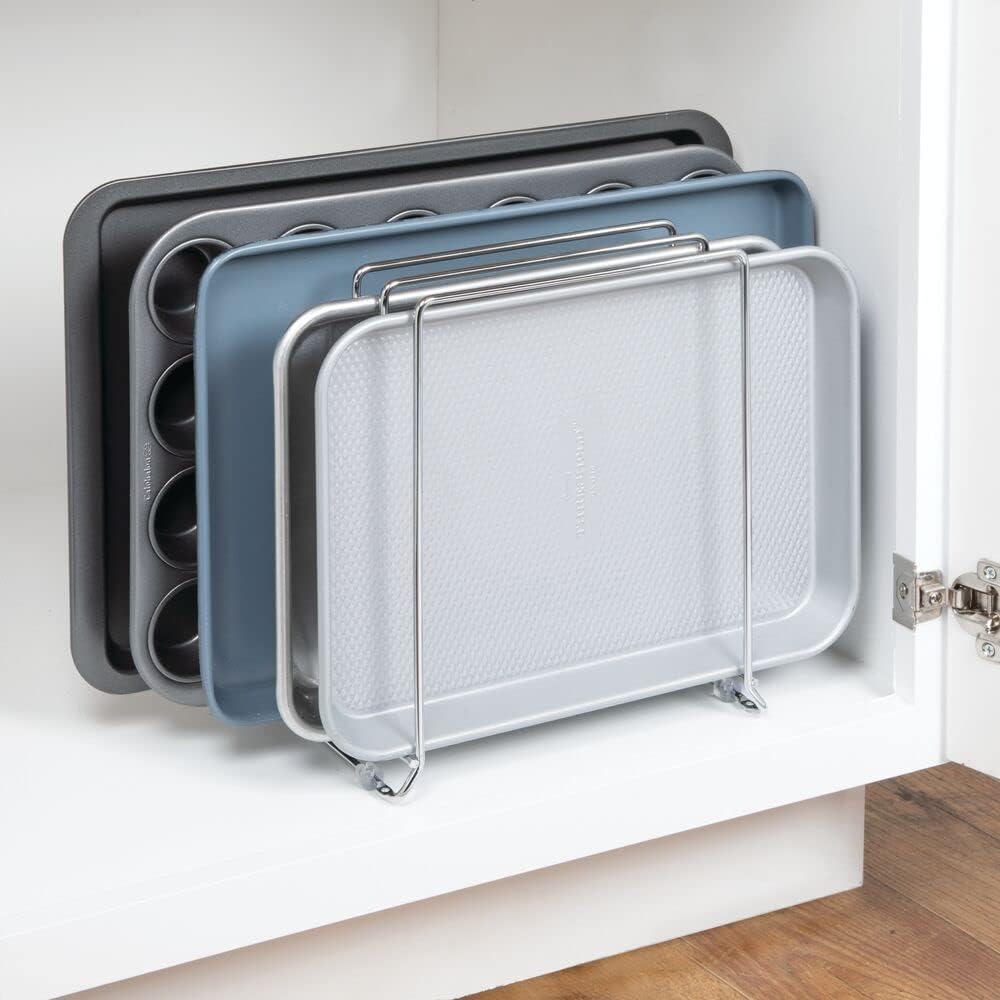 X-Large Steel Storage Tray Organizer Rack for Kitchen Cabinet - Divided Holder with 5 Slots for Skillets, Frying Pan, Pot Lids, Cutting Board, Baking Sheets - Concerto Collection - White