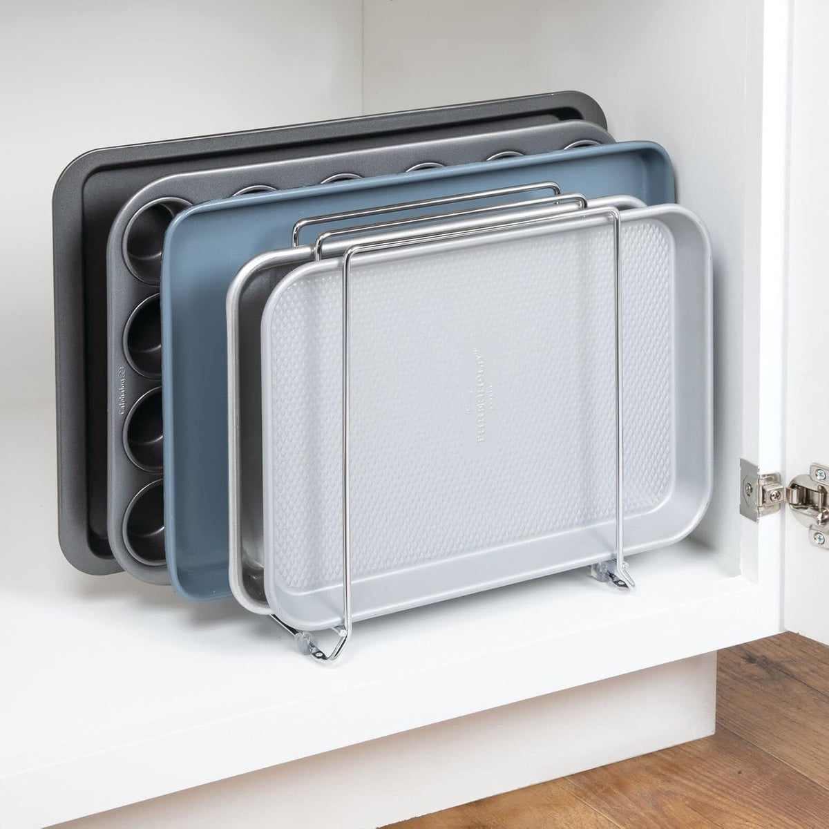 X-Large Steel Storage Tray Organizer Rack for Kitchen Cabinet - Divided Holder with 5 Slots for Skillets, Frying Pan, Pot Lids, Cutting Board, Baking Sheets - Concerto Collection - White