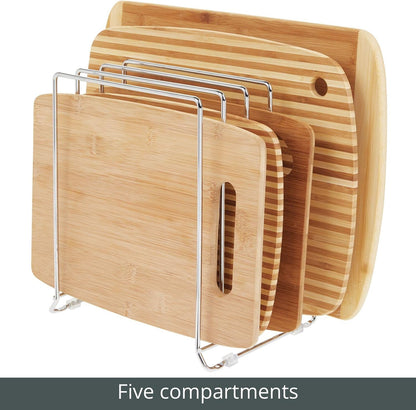 X-Large Steel Storage Tray Organizer Rack for Kitchen Cabinet - Divided Holder with 5 Slots for Skillets, Frying Pan, Pot Lids, Cutting Board, Baking Sheets - Concerto Collection - White