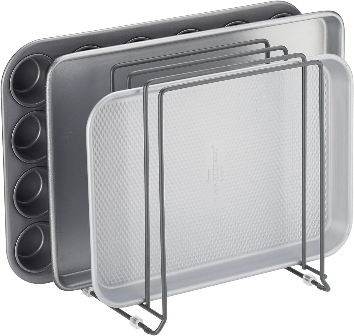 X-Large Steel Storage Tray Organizer Rack for Kitchen Cabinet - Divided Holder with 5 Slots for Skillets, Frying Pan, Pot Lids, Cutting Board, Baking Sheets - Concerto Collection - White