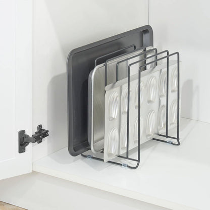 X-Large Steel Storage Tray Organizer Rack for Kitchen Cabinet - Divided Holder with 5 Slots for Skillets, Frying Pan, Pot Lids, Cutting Board, Baking Sheets - Concerto Collection - White