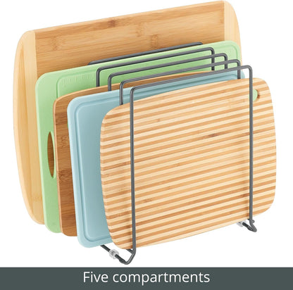 X-Large Steel Storage Tray Organizer Rack for Kitchen Cabinet - Divided Holder with 5 Slots for Skillets, Frying Pan, Pot Lids, Cutting Board, Baking Sheets - Concerto Collection - White