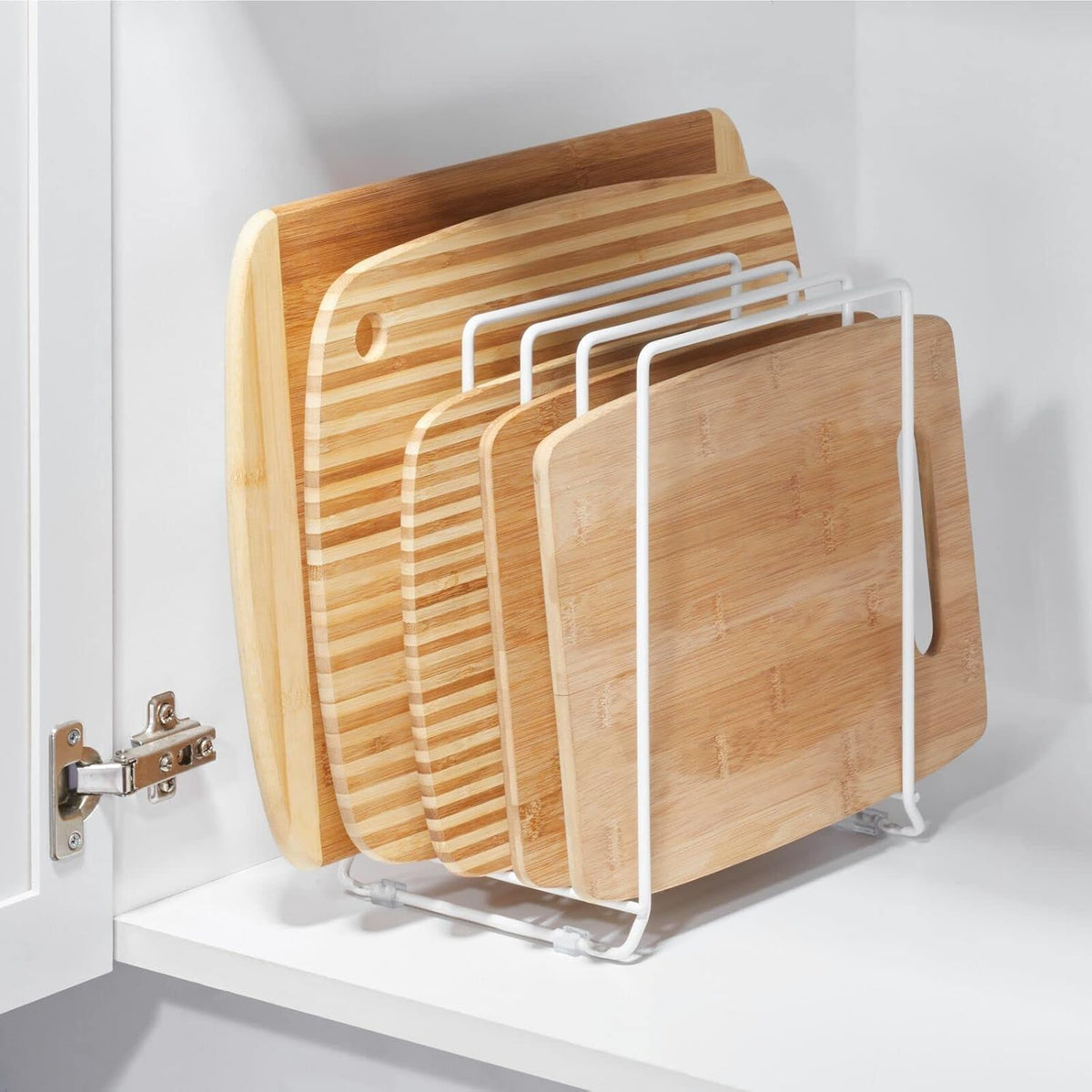 X-Large Steel Storage Tray Organizer Rack for Kitchen Cabinet - Divided Holder with 5 Slots for Skillets, Frying Pan, Pot Lids, Cutting Board, Baking Sheets - Concerto Collection - White