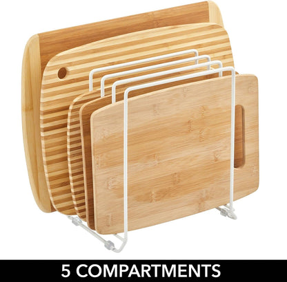 X-Large Steel Storage Tray Organizer Rack for Kitchen Cabinet - Divided Holder with 5 Slots for Skillets, Frying Pan, Pot Lids, Cutting Board, Baking Sheets - Concerto Collection - White