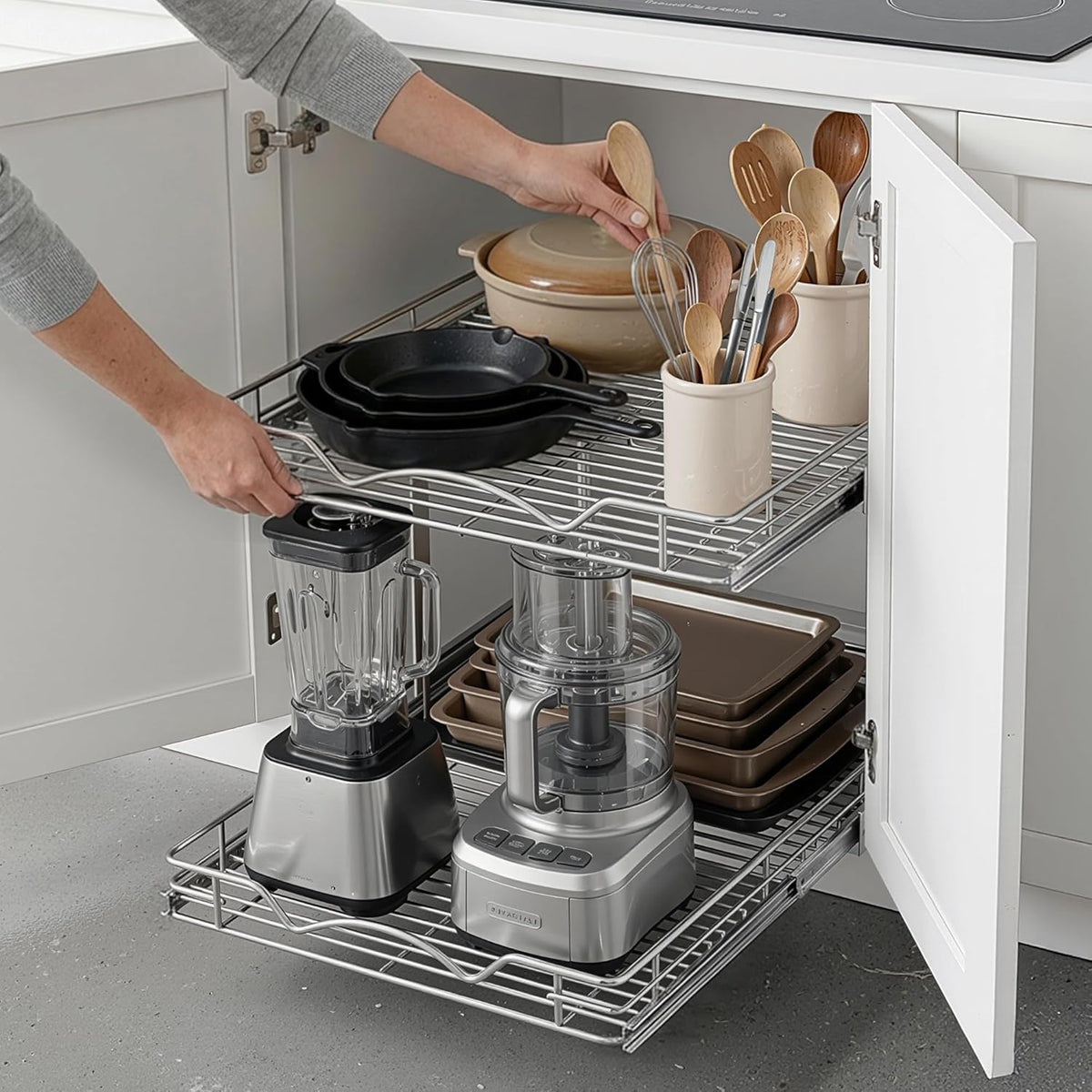2-Tier Pull-Out Cabinet Organizer for Kitchen, 20" W x 21”D x 16.5" H | Full-Extension Sliding Shelves, Holds 100 lbs, Easy Install for Kitchen, Pantry & Under Sink Cabinets