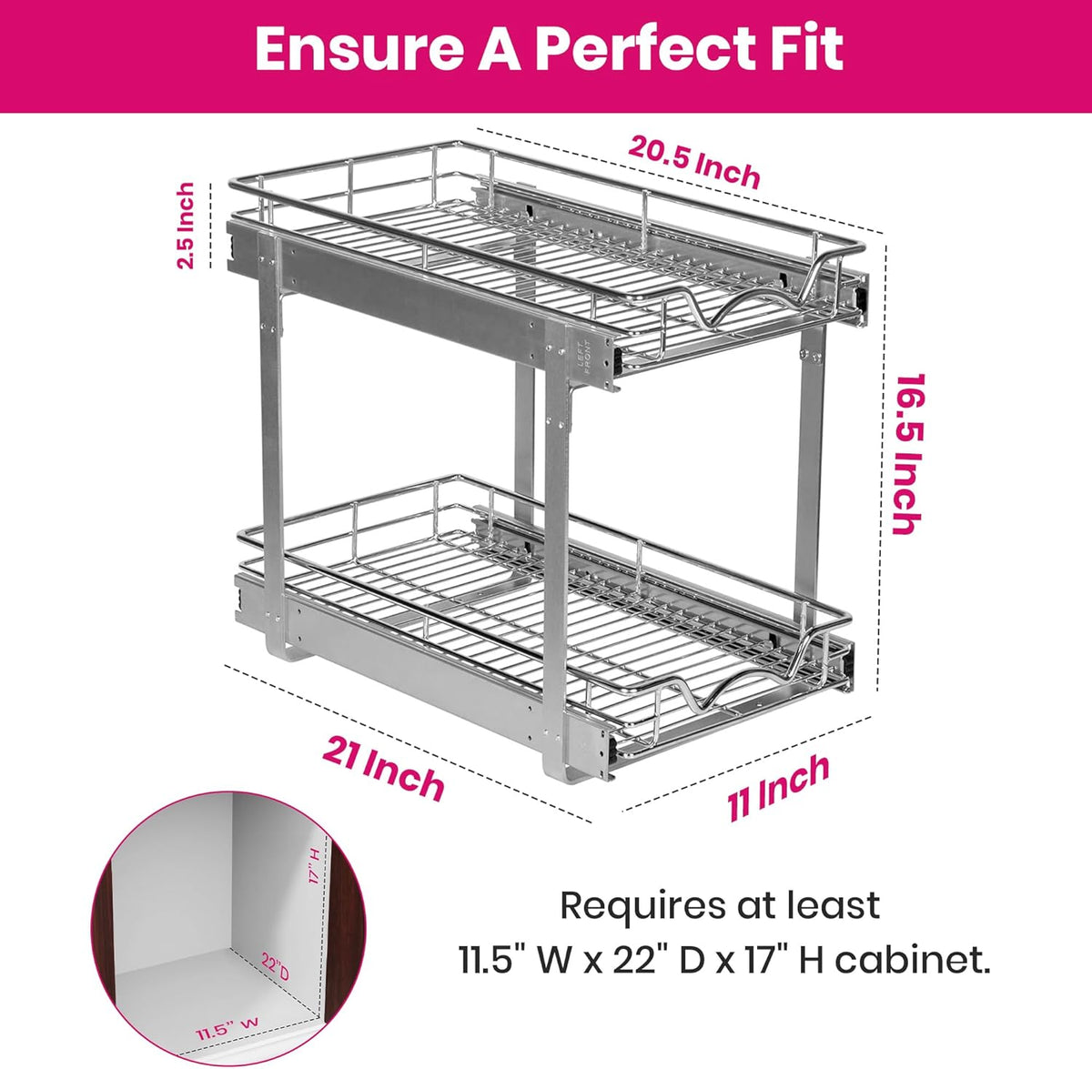 2-Tier Pull-Out Cabinet Organizer for Kitchen, 20" W x 21”D x 16.5" H | Full-Extension Sliding Shelves, Holds 100 lbs, Easy Install for Kitchen, Pantry & Under Sink Cabinets