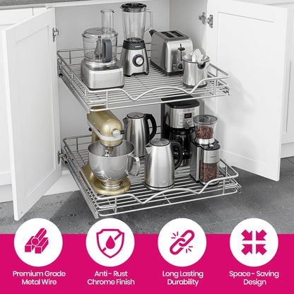 2-Tier Pull-Out Cabinet Organizer for Kitchen, 20" W x 21”D x 16.5" H | Full-Extension Sliding Shelves, Holds 100 lbs, Easy Install for Kitchen, Pantry & Under Sink Cabinets