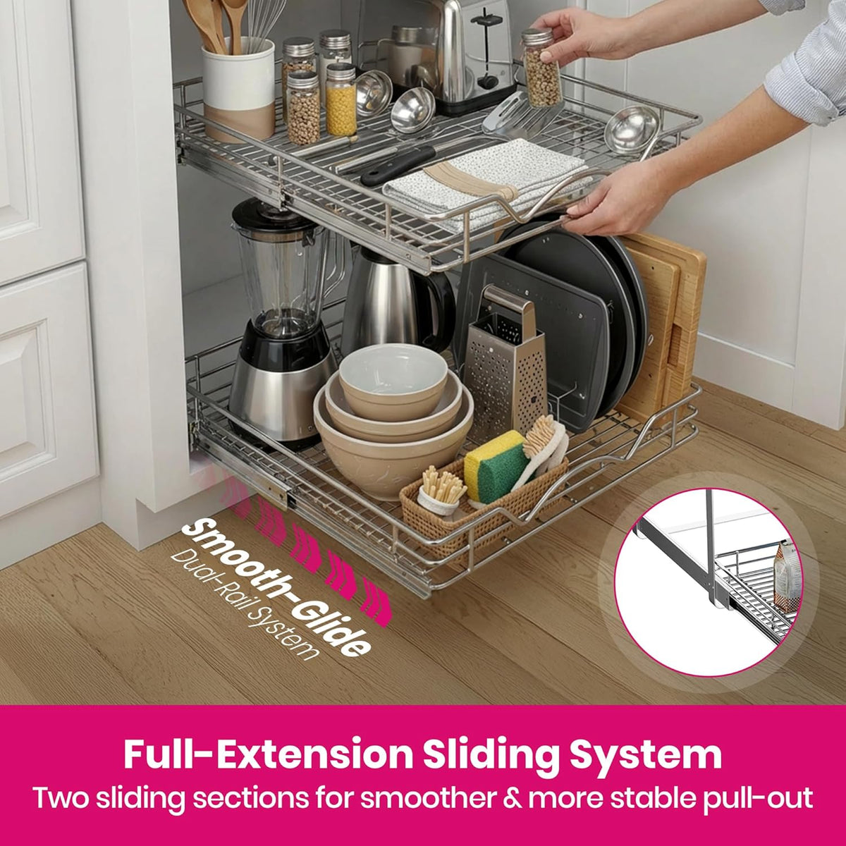 2-Tier Pull-Out Cabinet Organizer for Kitchen, 20" W x 21”D x 16.5" H | Full-Extension Sliding Shelves, Holds 100 lbs, Easy Install for Kitchen, Pantry & Under Sink Cabinets