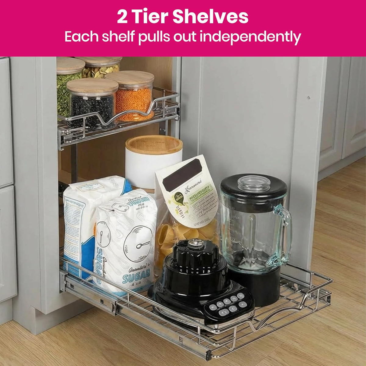 2-Tier Pull-Out Cabinet Organizer for Kitchen, 20" W x 21”D x 16.5" H | Full-Extension Sliding Shelves, Holds 100 lbs, Easy Install for Kitchen, Pantry & Under Sink Cabinets
