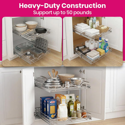 2-Tier Pull-Out Cabinet Organizer for Kitchen, 20" W x 21”D x 16.5" H | Full-Extension Sliding Shelves, Holds 100 lbs, Easy Install for Kitchen, Pantry & Under Sink Cabinets