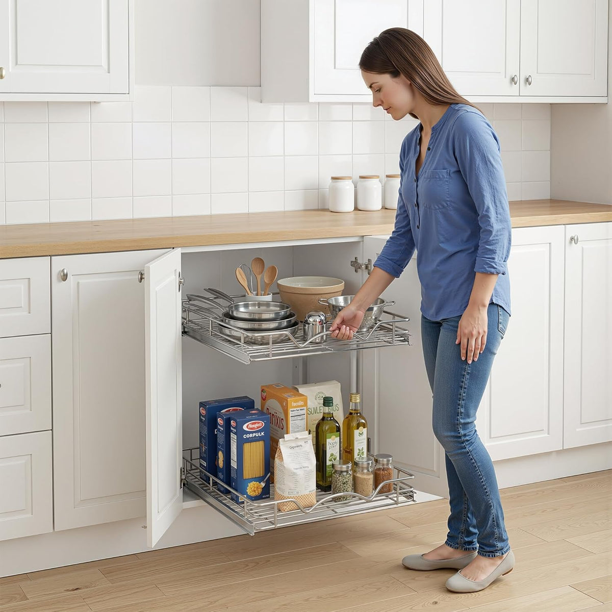 2-Tier Pull-Out Cabinet Organizer for Kitchen, 20" W x 21”D x 16.5" H | Full-Extension Sliding Shelves, Holds 100 lbs, Easy Install for Kitchen, Pantry & Under Sink Cabinets