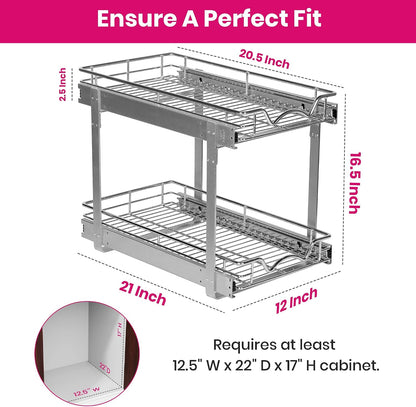 2-Tier Pull-Out Cabinet Organizer for Kitchen, 20" W x 21”D x 16.5" H | Full-Extension Sliding Shelves, Holds 100 lbs, Easy Install for Kitchen, Pantry & Under Sink Cabinets
