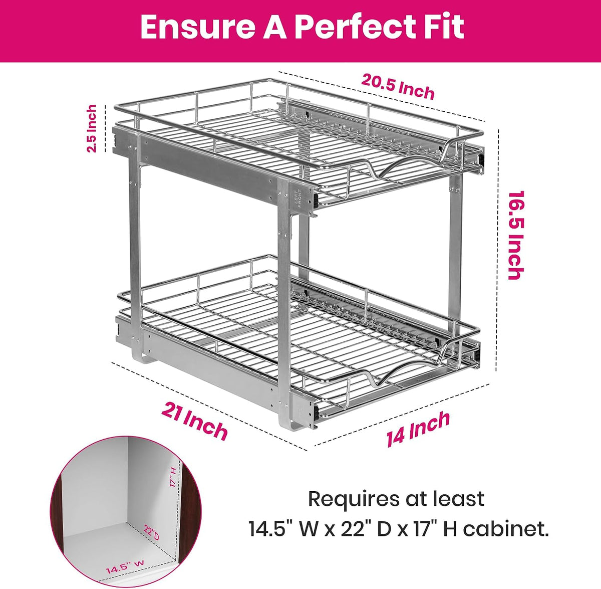2-Tier Pull-Out Cabinet Organizer for Kitchen, 20" W x 21”D x 16.5" H | Full-Extension Sliding Shelves, Holds 100 lbs, Easy Install for Kitchen, Pantry & Under Sink Cabinets