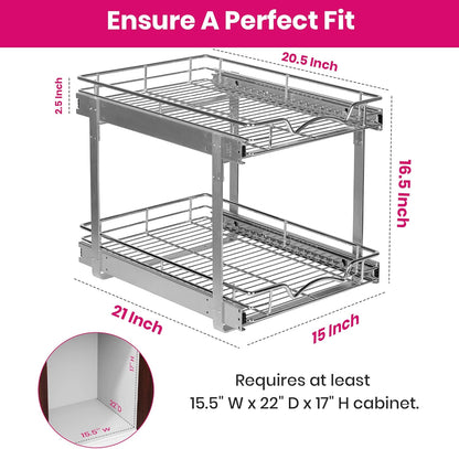 2-Tier Pull-Out Cabinet Organizer for Kitchen, 20" W x 21”D x 16.5" H | Full-Extension Sliding Shelves, Holds 100 lbs, Easy Install for Kitchen, Pantry & Under Sink Cabinets