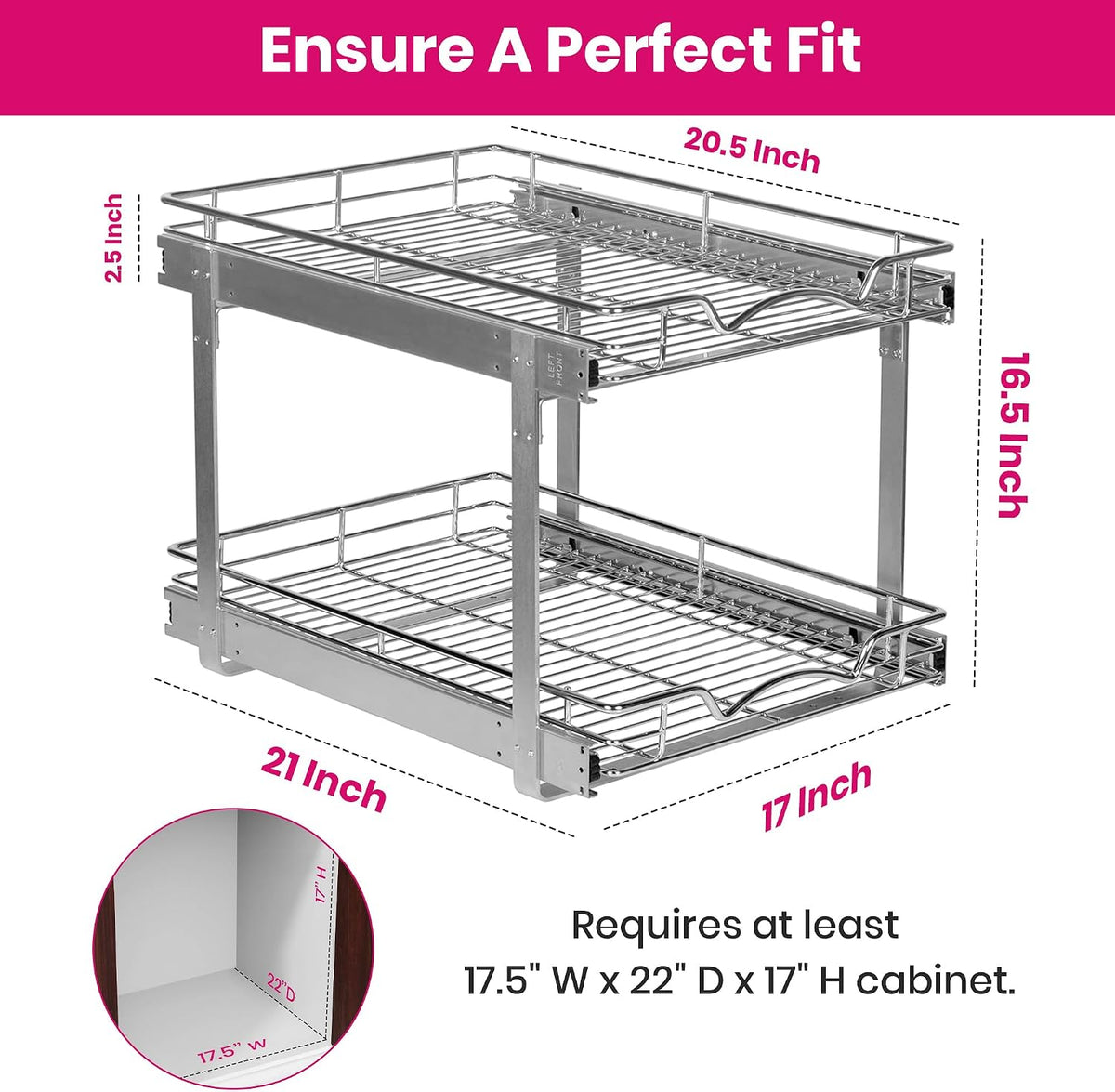 2-Tier Pull-Out Cabinet Organizer for Kitchen, 20" W x 21”D x 16.5" H | Full-Extension Sliding Shelves, Holds 100 lbs, Easy Install for Kitchen, Pantry & Under Sink Cabinets