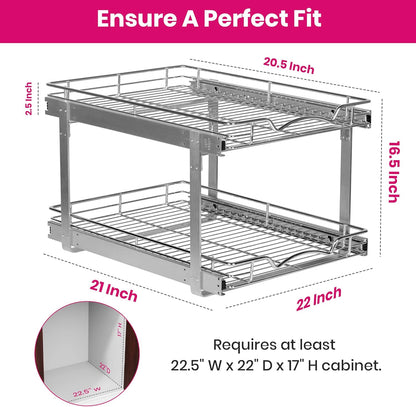 2-Tier Pull-Out Cabinet Organizer for Kitchen, 20" W x 21”D x 16.5" H | Full-Extension Sliding Shelves, Holds 100 lbs, Easy Install for Kitchen, Pantry & Under Sink Cabinets