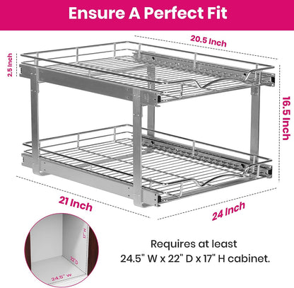 2-Tier Pull-Out Cabinet Organizer for Kitchen, 20" W x 21”D x 16.5" H | Full-Extension Sliding Shelves, Holds 100 lbs, Easy Install for Kitchen, Pantry & Under Sink Cabinets
