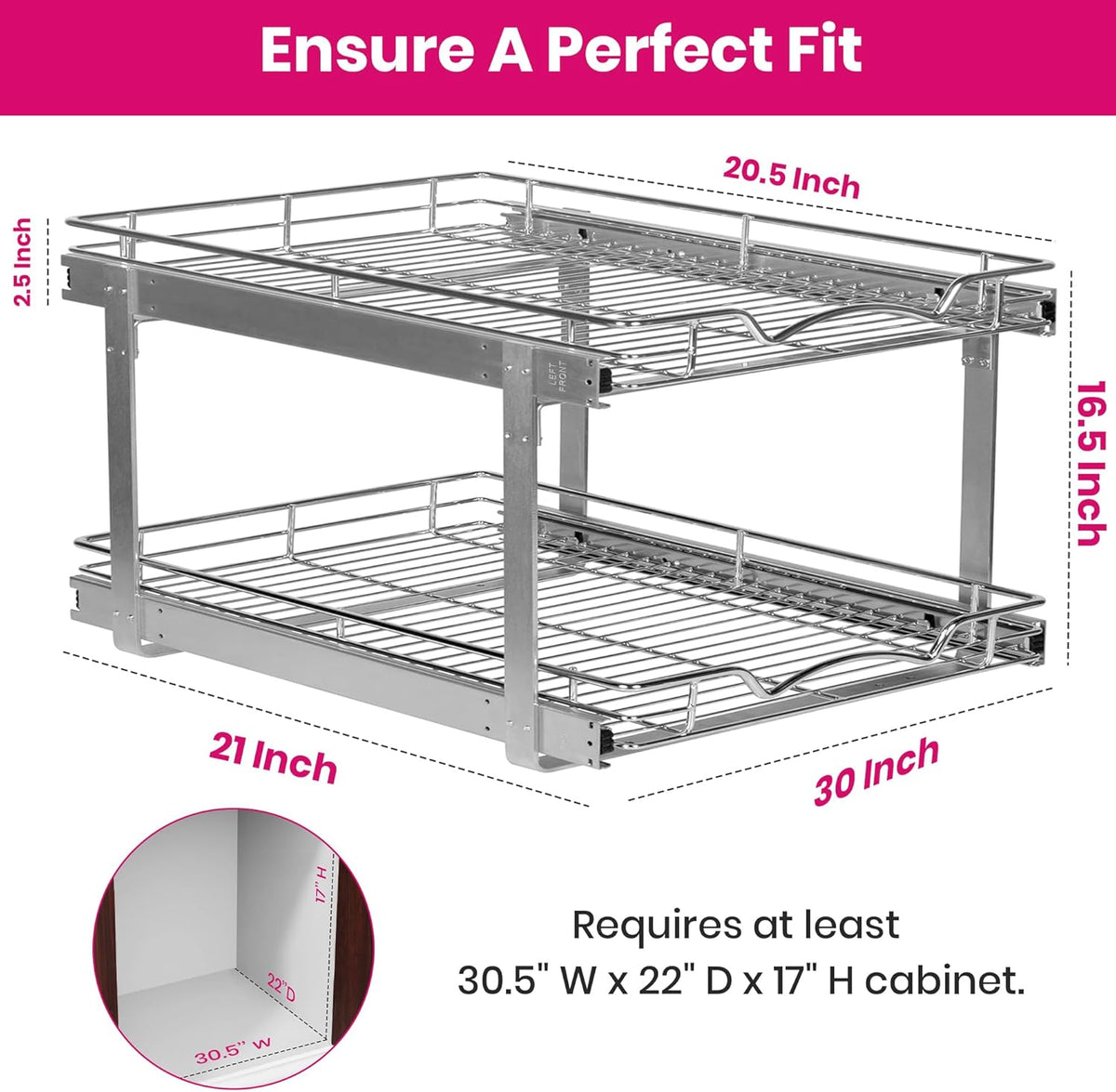 2-Tier Pull-Out Cabinet Organizer for Kitchen, 20" W x 21”D x 16.5" H | Full-Extension Sliding Shelves, Holds 100 lbs, Easy Install for Kitchen, Pantry & Under Sink Cabinets