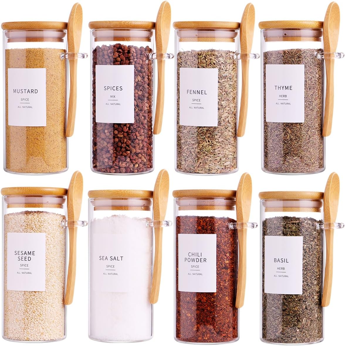6 Pcs Glass Jar with Bamboo Lid and Spoon - 17 oz Large Sugar Container with 148 Kitchen Pantry Spice Jar Labels Preprinted - Glass Containers with Wooden Lids Hold Coffee, Tea, Candy