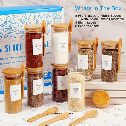 6 Pcs Glass Jar with Bamboo Lid and Spoon - 17 oz Large Sugar Container with 148 Kitchen Pantry Spice Jar Labels Preprinted - Glass Containers with Wooden Lids Hold Coffee, Tea, Candy