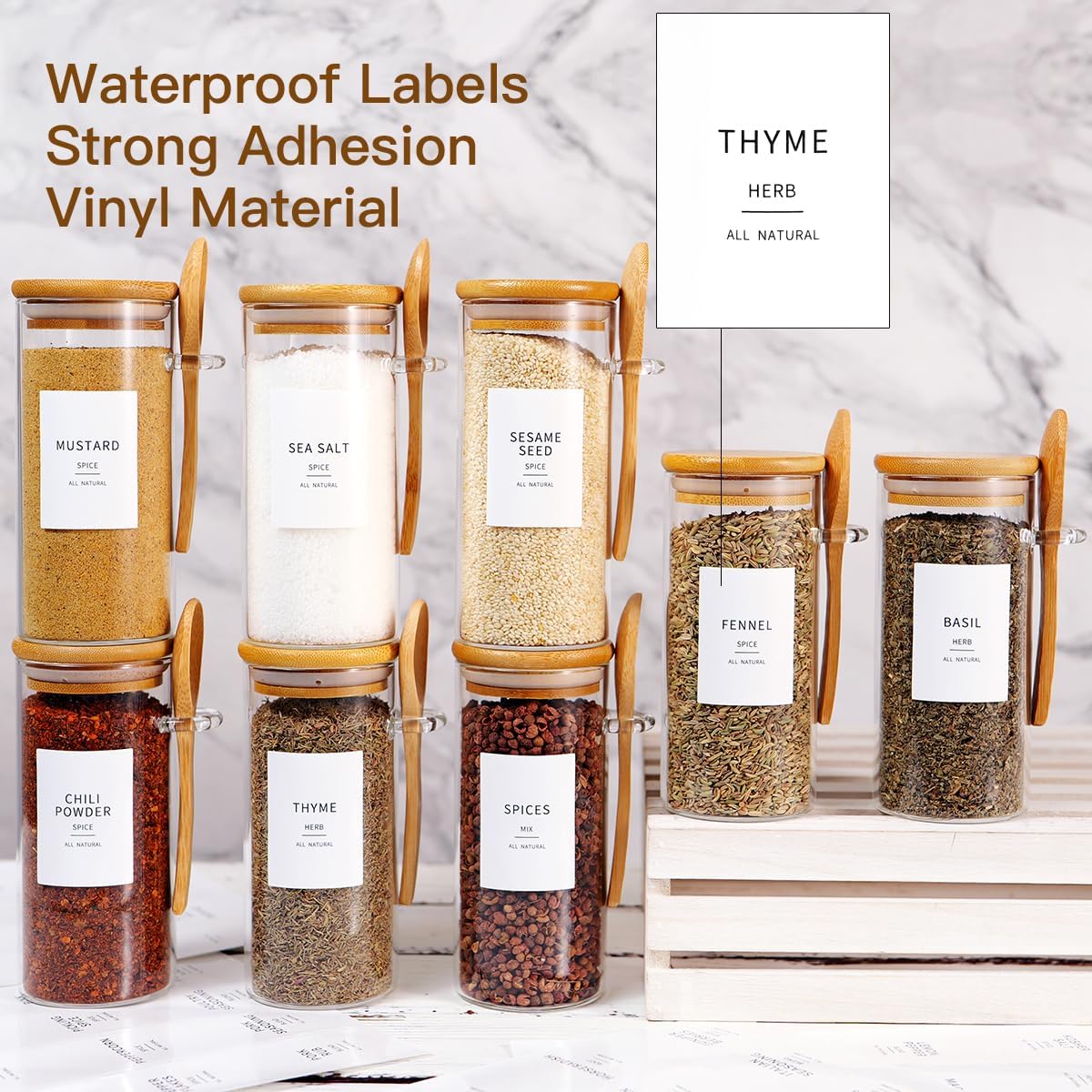 6 Pcs Glass Jar with Bamboo Lid and Spoon - 17 oz Large Sugar Container with 148 Kitchen Pantry Spice Jar Labels Preprinted - Glass Containers with Wooden Lids Hold Coffee, Tea, Candy