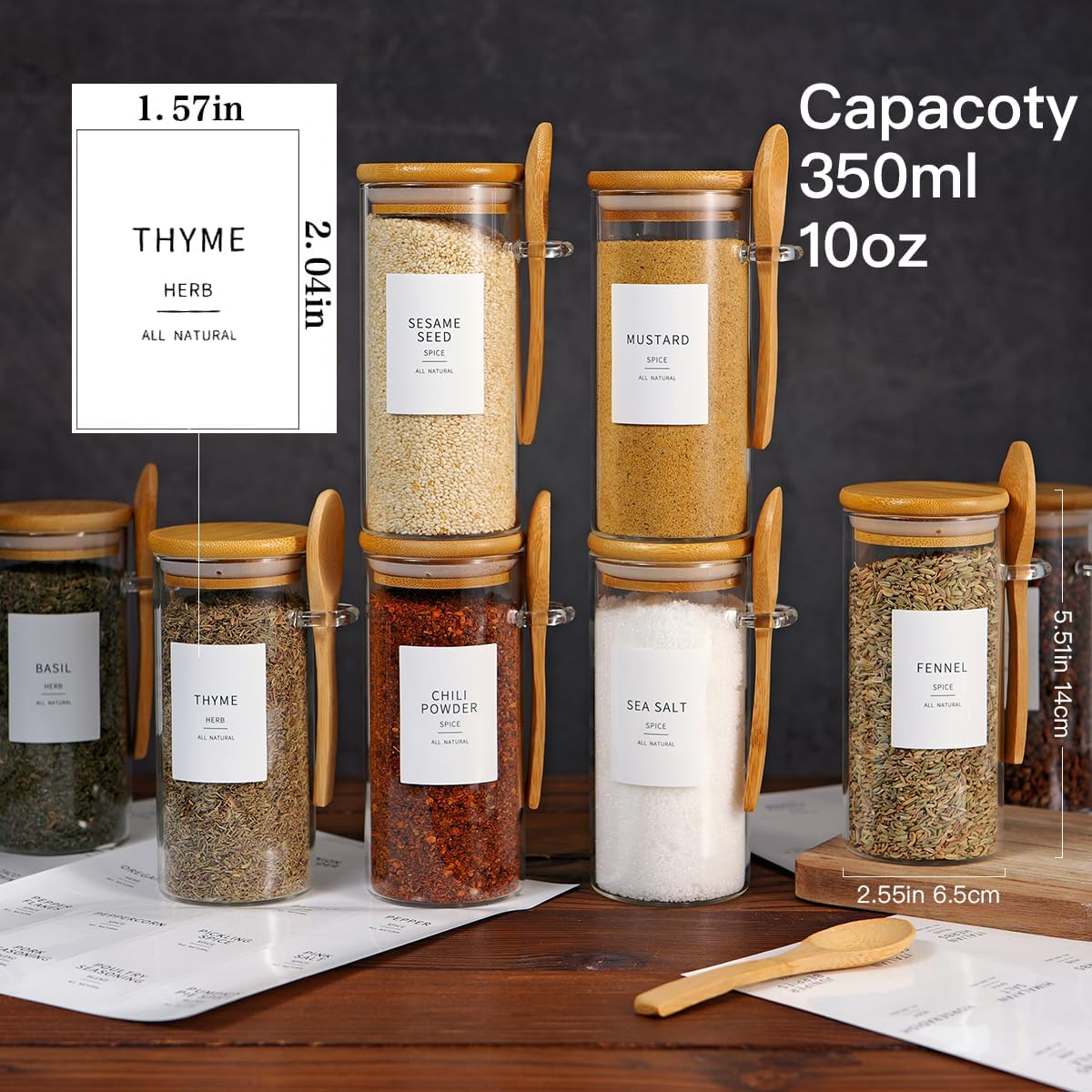 6 Pcs Glass Jar with Bamboo Lid and Spoon - 17 oz Large Sugar Container with 148 Kitchen Pantry Spice Jar Labels Preprinted - Glass Containers with Wooden Lids Hold Coffee, Tea, Candy