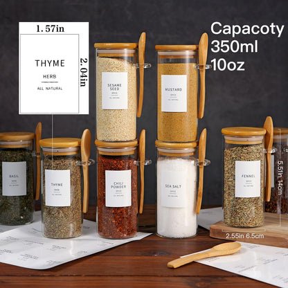 6 Pcs Glass Jar with Bamboo Lid and Spoon - 17 oz Large Sugar Container with 148 Kitchen Pantry Spice Jar Labels Preprinted - Glass Containers with Wooden Lids Hold Coffee, Tea, Candy