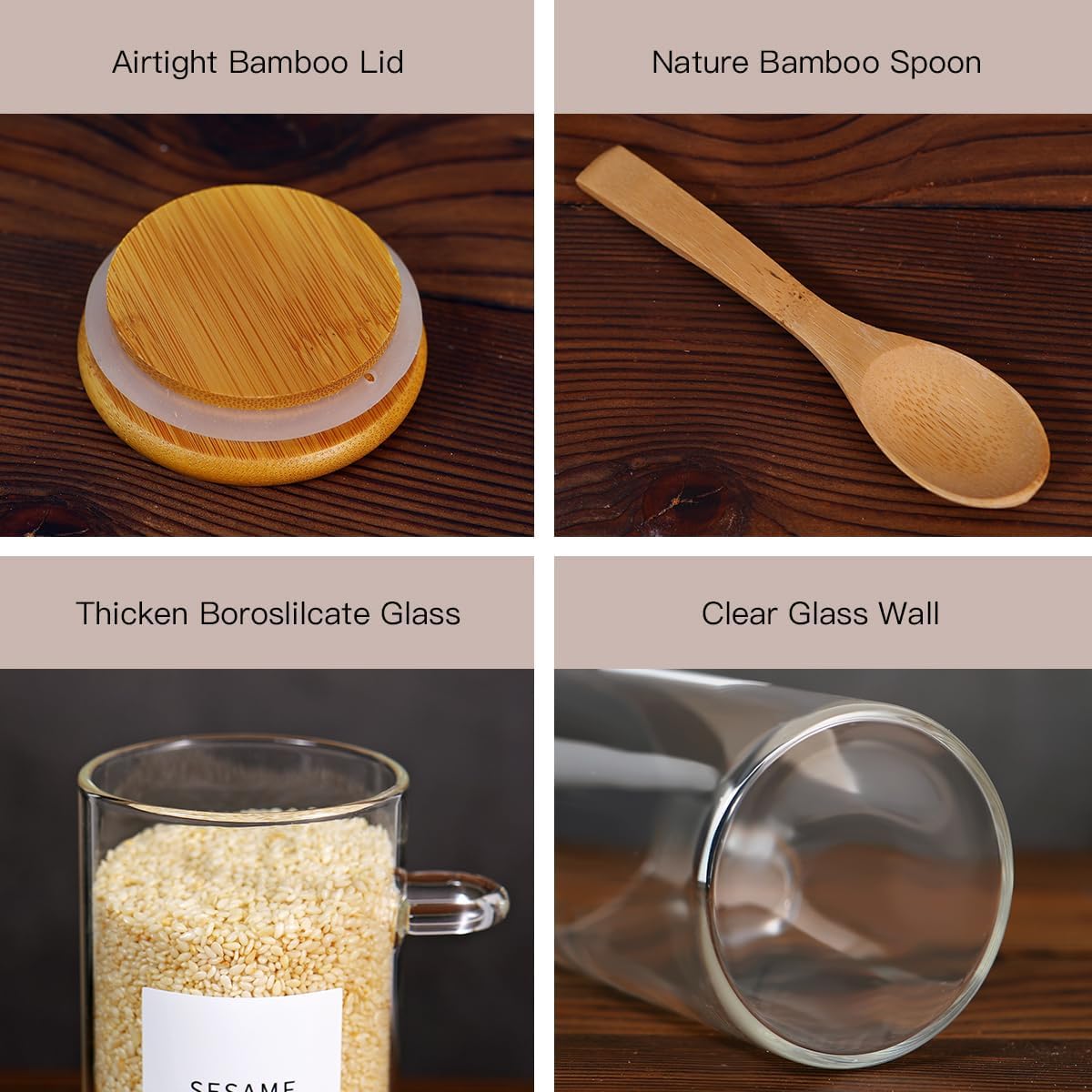 6 Pcs Glass Jar with Bamboo Lid and Spoon - 17 oz Large Sugar Container with 148 Kitchen Pantry Spice Jar Labels Preprinted - Glass Containers with Wooden Lids Hold Coffee, Tea, Candy