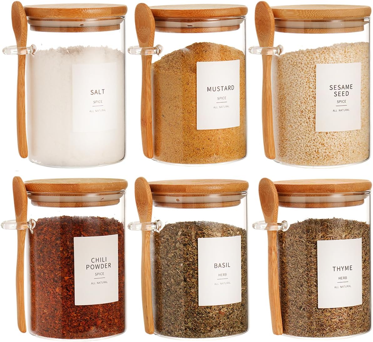 6 Pcs Glass Jar with Bamboo Lid and Spoon - 17 oz Large Sugar Container with 148 Kitchen Pantry Spice Jar Labels Preprinted - Glass Containers with Wooden Lids Hold Coffee, Tea, Candy
