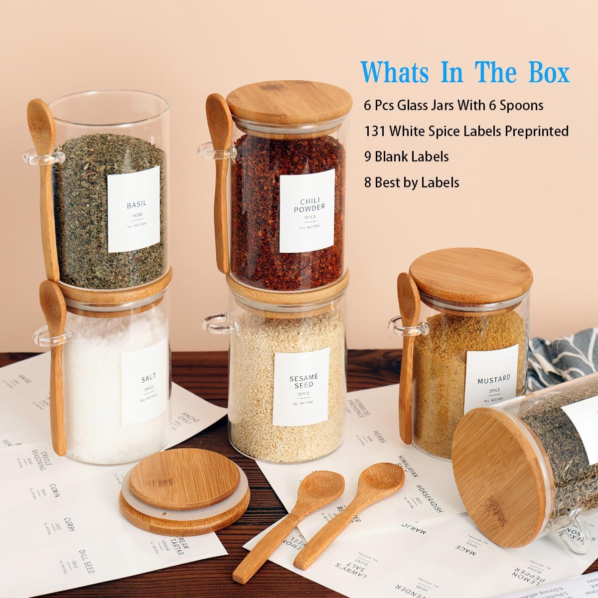 6 Pcs Glass Jar with Bamboo Lid and Spoon - 17 oz Large Sugar Container with 148 Kitchen Pantry Spice Jar Labels Preprinted - Glass Containers with Wooden Lids Hold Coffee, Tea, Candy