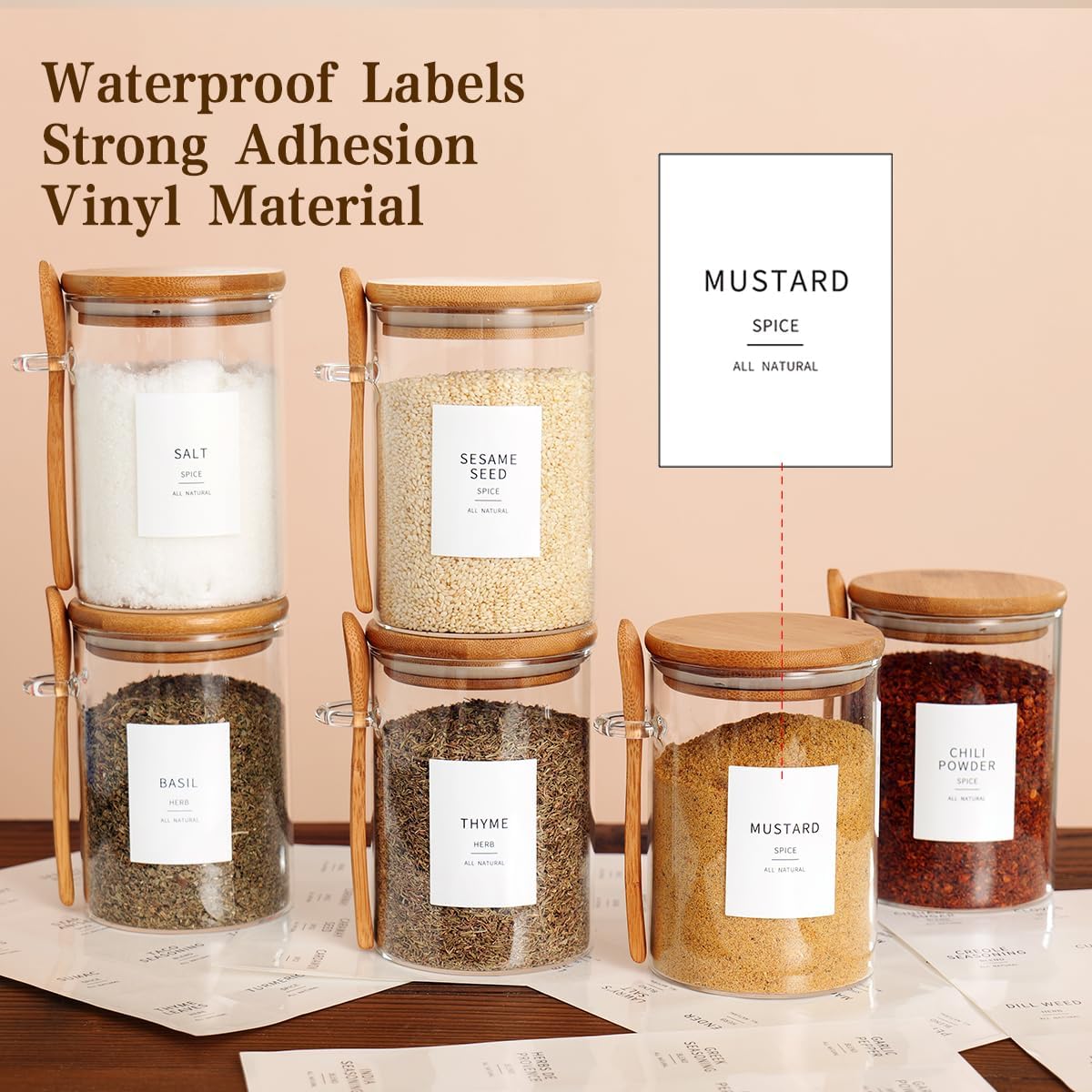 6 Pcs Glass Jar with Bamboo Lid and Spoon - 17 oz Large Sugar Container with 148 Kitchen Pantry Spice Jar Labels Preprinted - Glass Containers with Wooden Lids Hold Coffee, Tea, Candy
