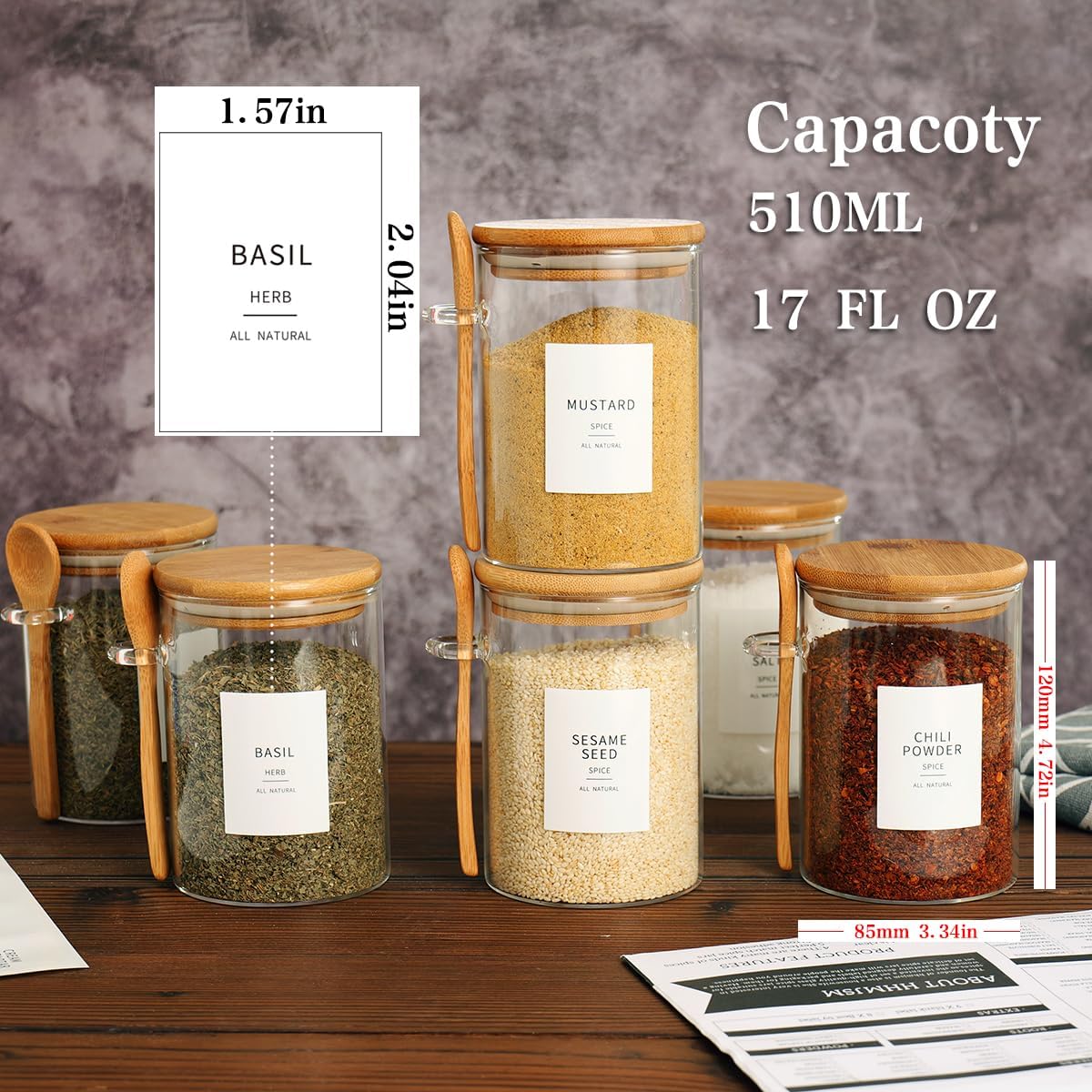 6 Pcs Glass Jar with Bamboo Lid and Spoon - 17 oz Large Sugar Container with 148 Kitchen Pantry Spice Jar Labels Preprinted - Glass Containers with Wooden Lids Hold Coffee, Tea, Candy