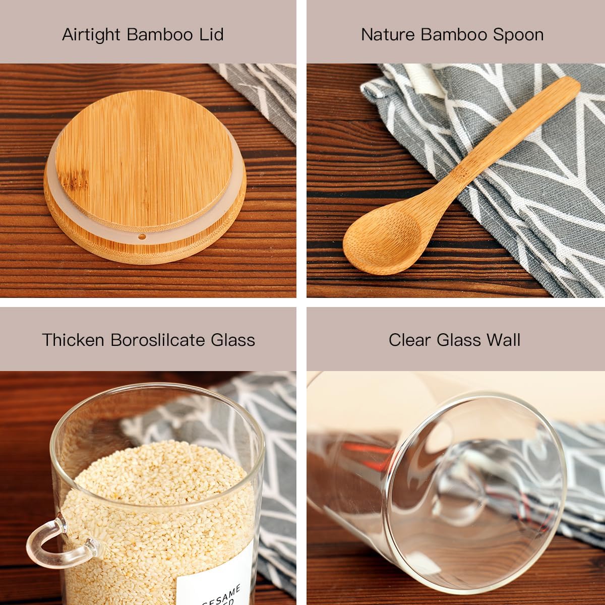 6 Pcs Glass Jar with Bamboo Lid and Spoon - 17 oz Large Sugar Container with 148 Kitchen Pantry Spice Jar Labels Preprinted - Glass Containers with Wooden Lids Hold Coffee, Tea, Candy