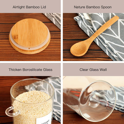 6 Pcs Glass Jar with Bamboo Lid and Spoon - 17 oz Large Sugar Container with 148 Kitchen Pantry Spice Jar Labels Preprinted - Glass Containers with Wooden Lids Hold Coffee, Tea, Candy