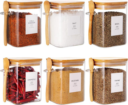 6 Pcs Glass Jar with Bamboo Lid and Spoon - 17 oz Large Sugar Container with 148 Kitchen Pantry Spice Jar Labels Preprinted - Glass Containers with Wooden Lids Hold Coffee, Tea, Candy