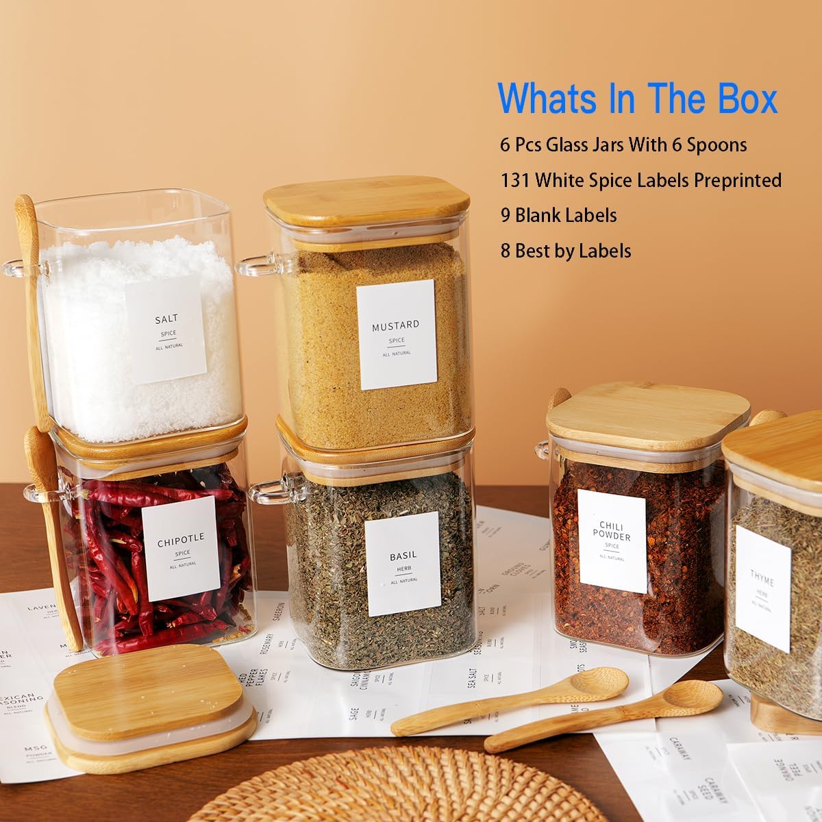 6 Pcs Glass Jar with Bamboo Lid and Spoon - 17 oz Large Sugar Container with 148 Kitchen Pantry Spice Jar Labels Preprinted - Glass Containers with Wooden Lids Hold Coffee, Tea, Candy